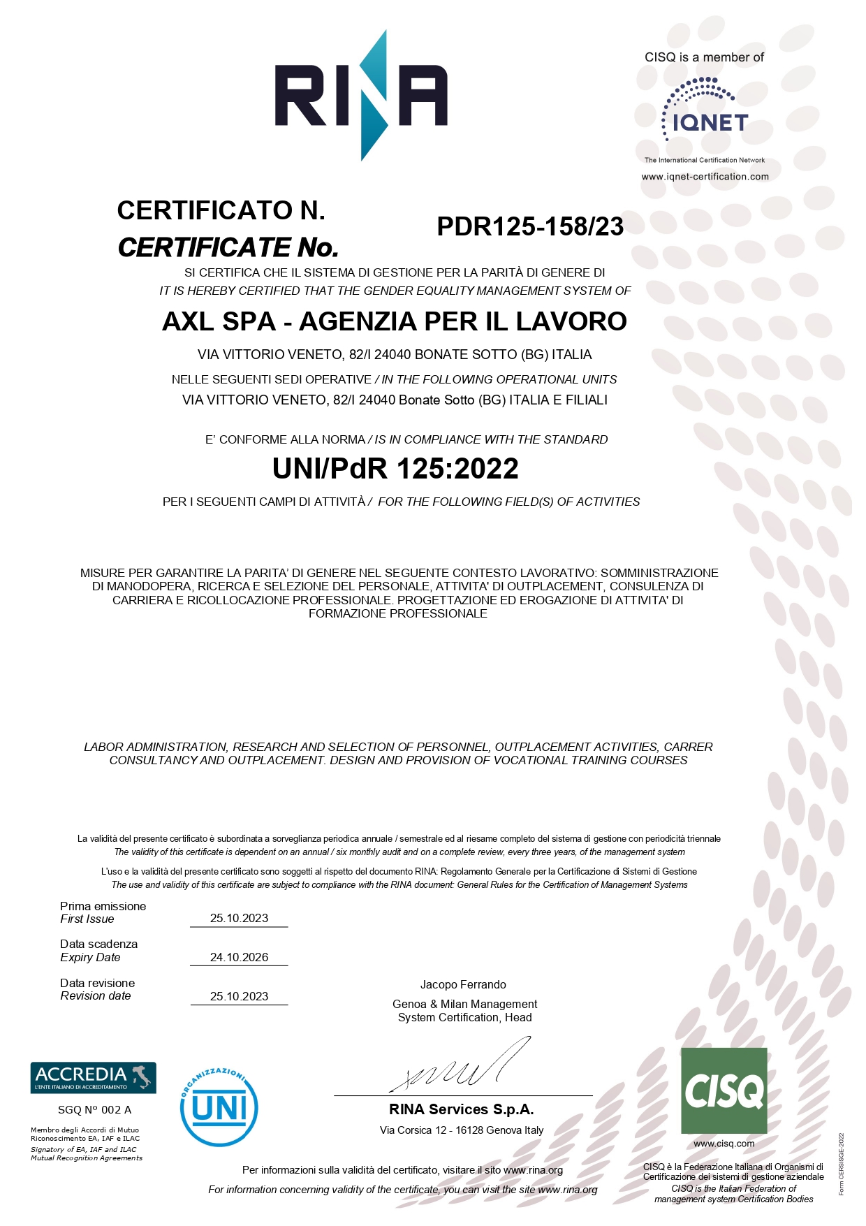 certificato UNI PDR 125 AxL Agenzia per il Lavoro