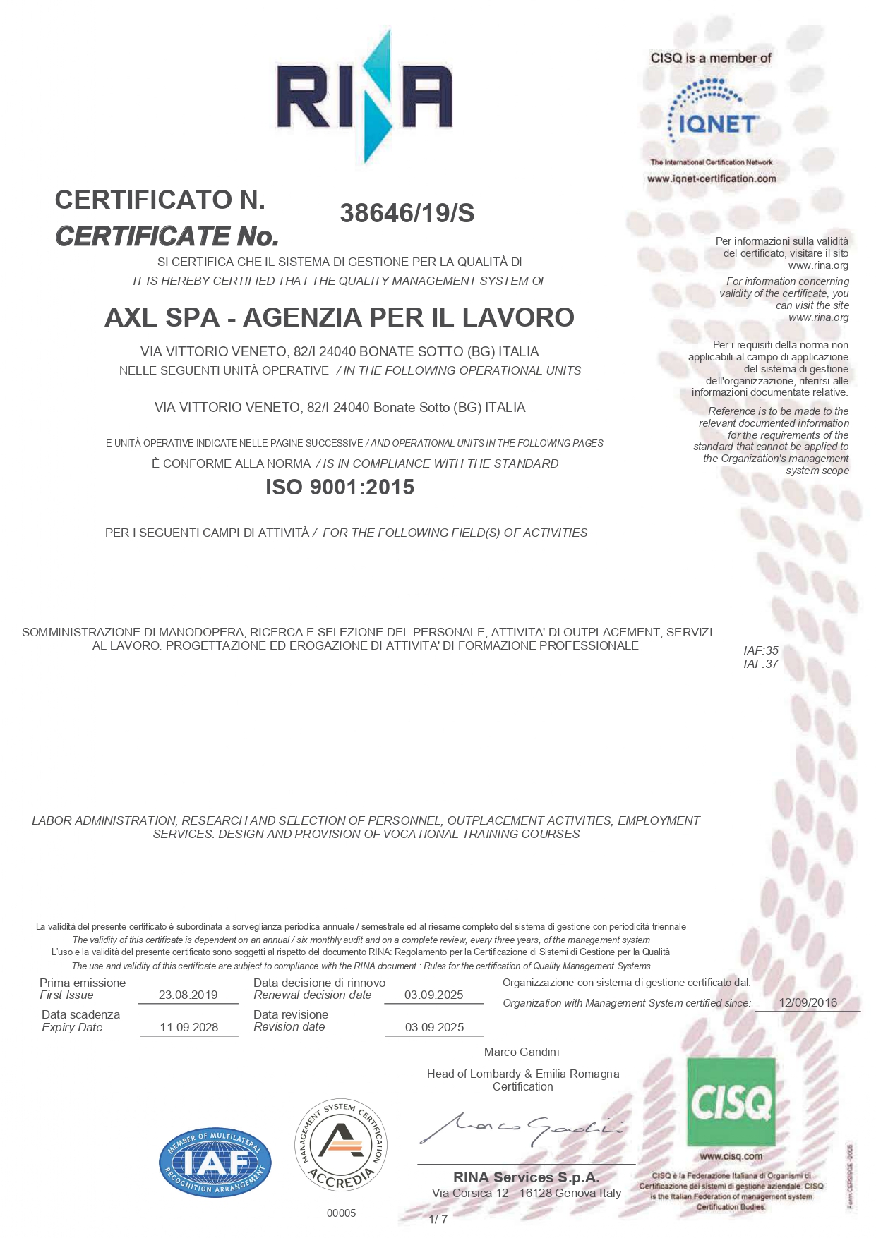 axl certificato iso 9001